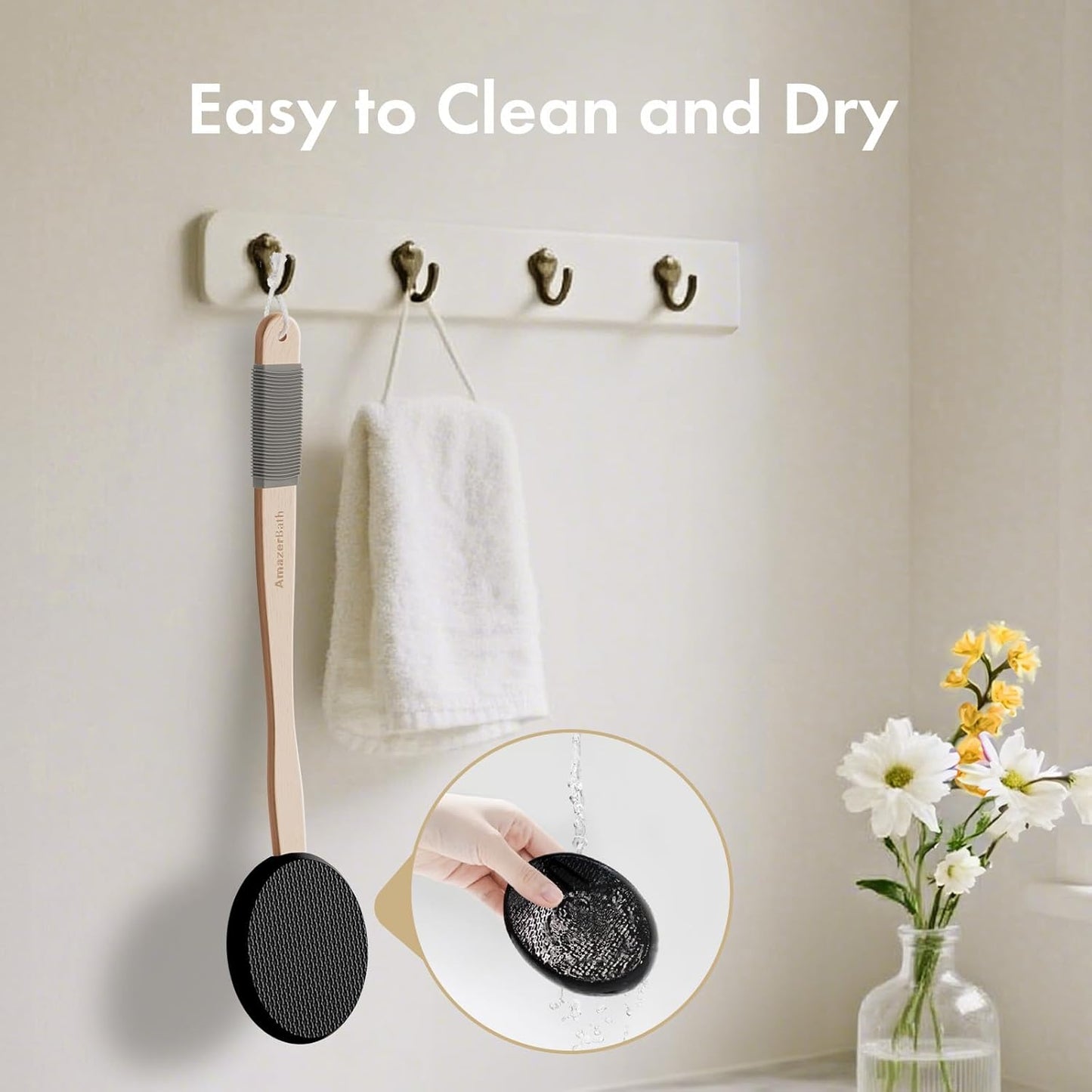 wooden handle wrapped in textured rubber sleeve for non-slip grip