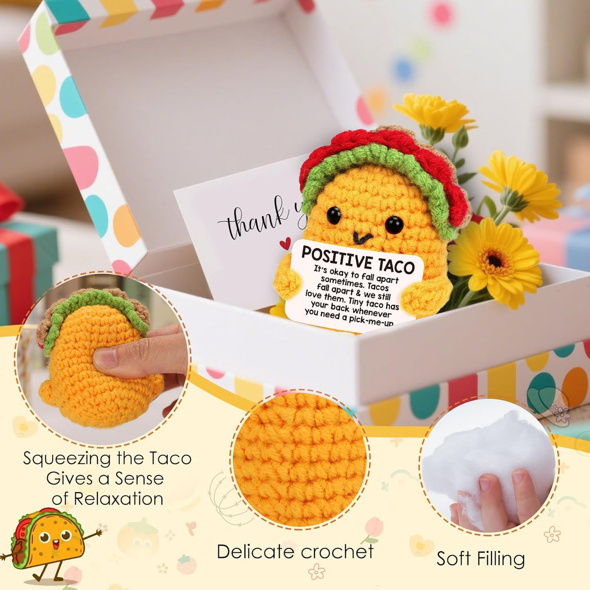 Wool crochet taco with affirmation card – child-friendly keepsake for back-to-school desks and cubbies