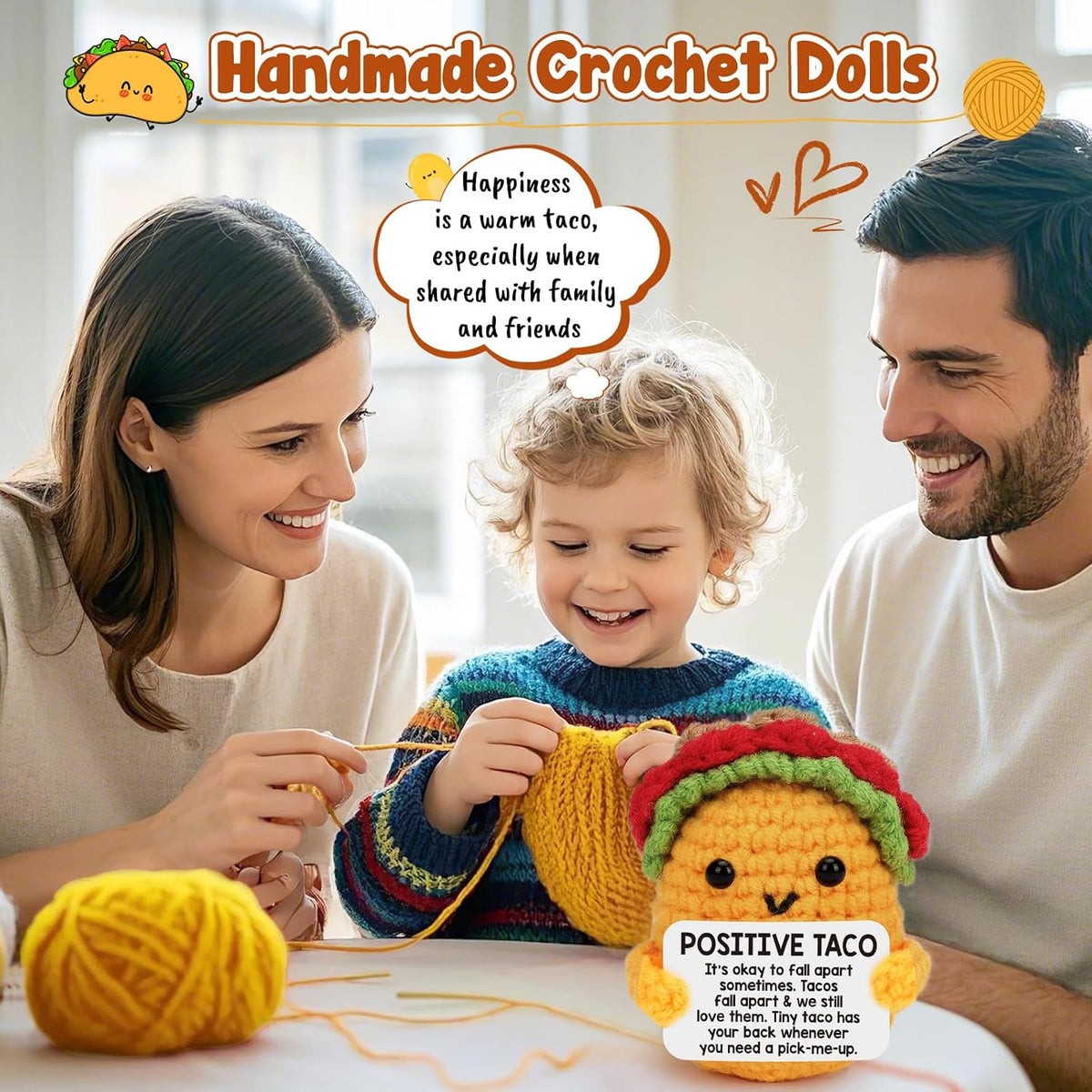 Wool crochet taco with affirmation card – child-friendly keepsake for back-to-school desks and cubbies