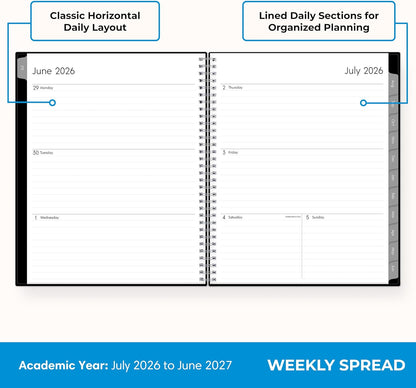 yearly overview with holiday list, reference calendars, contacts pages, and extra notes pages