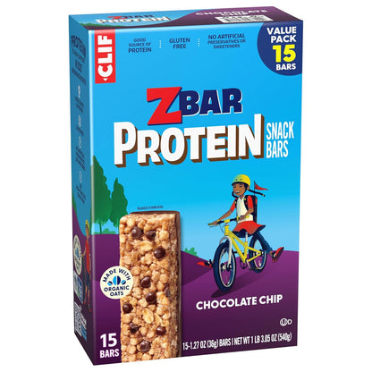 Zbar Protein Chocolate Chip Bars - Portable Hiking and Travel Snack for Active Kids, 5g Protein Individually Wrapped (15 Pack)