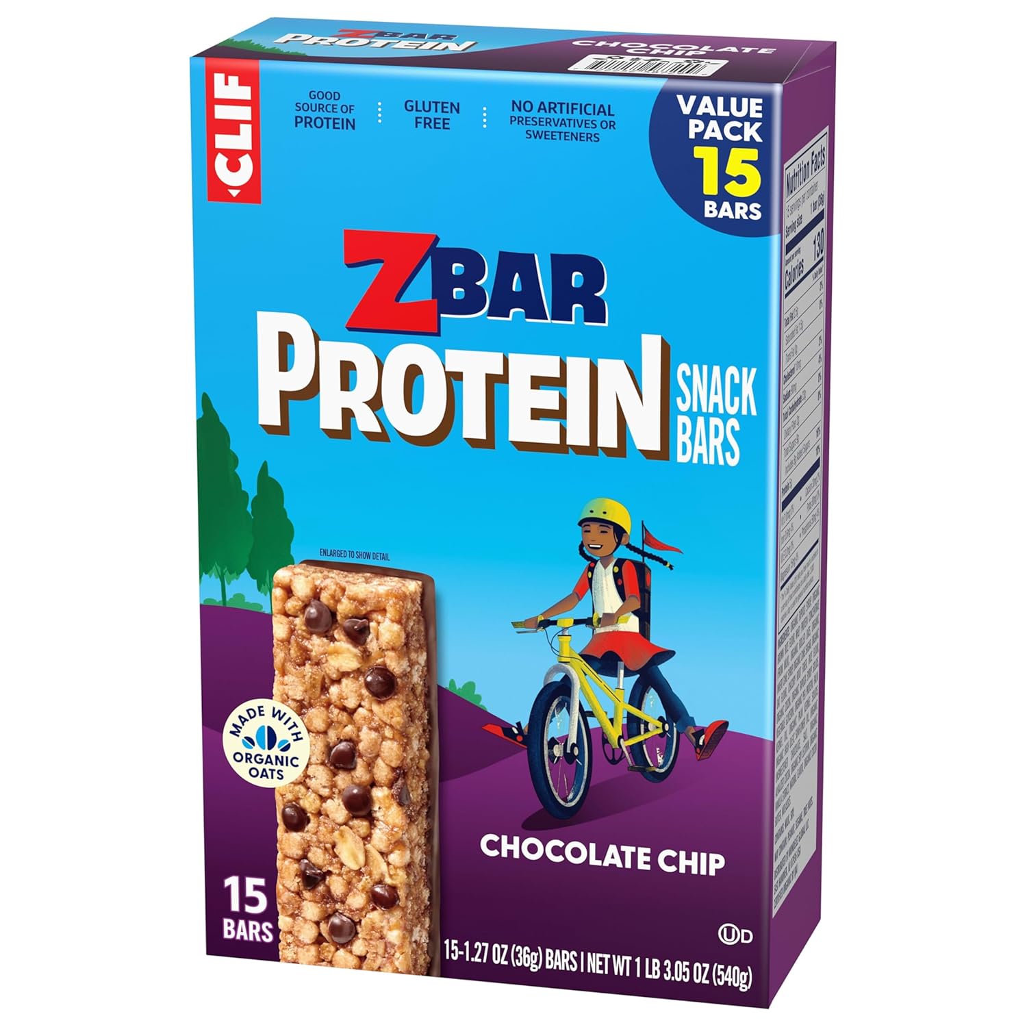 Zbar Protein Chocolate Chip Bars - Portable Hiking and Travel Snack for Active Kids, 5g Protein Individually Wrapped (15 Pack)