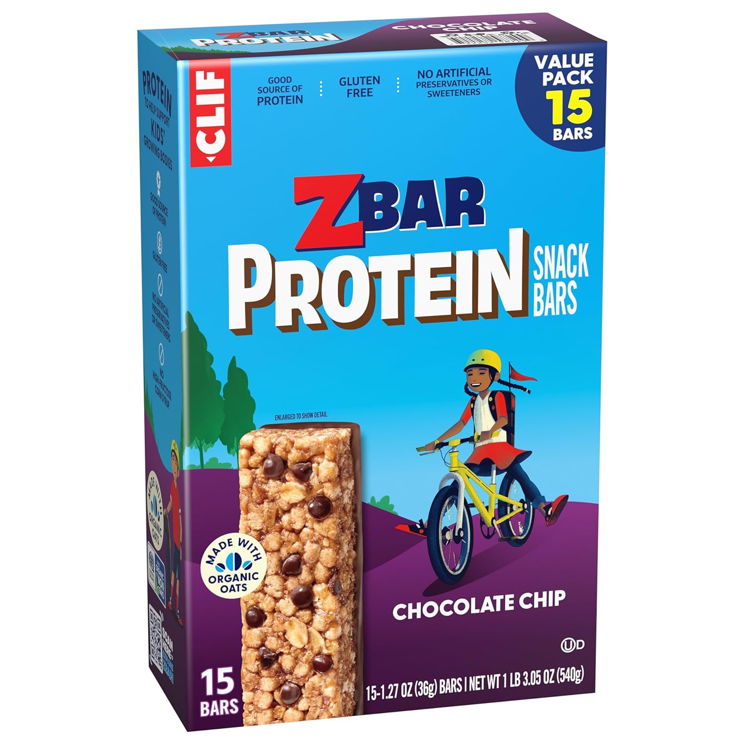 Zbar Protein Chocolate Chip Snack Bars - School Lunchbox Protein for Kids, 5g Protein Gluten-Free Bars (15 Pack)