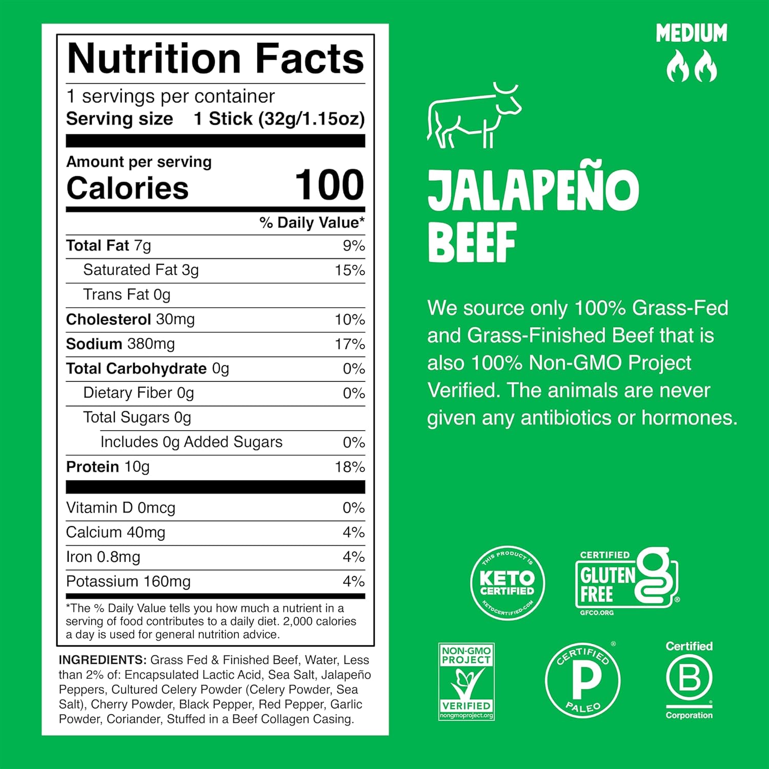 zero sugar, keto, paleo, whole30, gluten-free, and non-gmo certifications