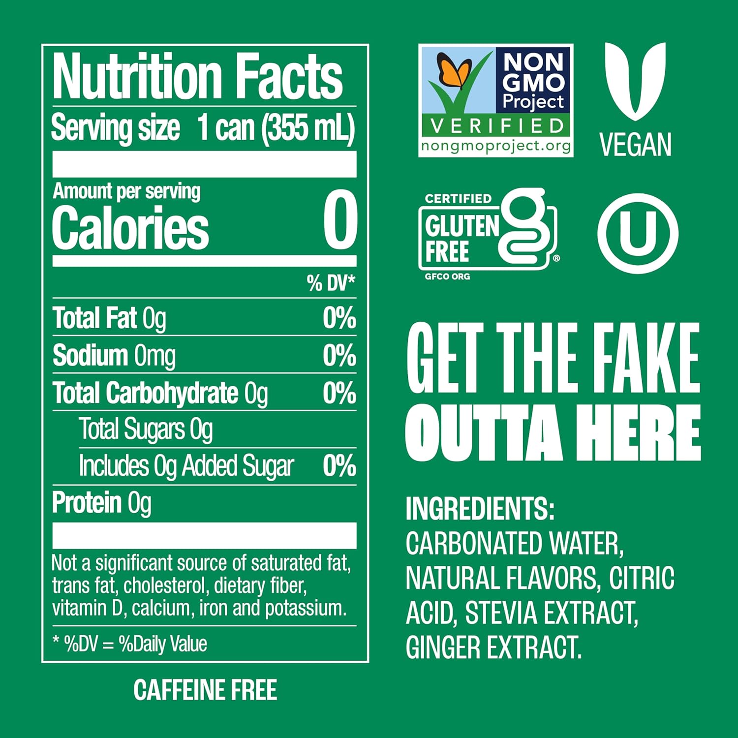 zero sugar, zero calorie, and zero caffeine nutritional profile