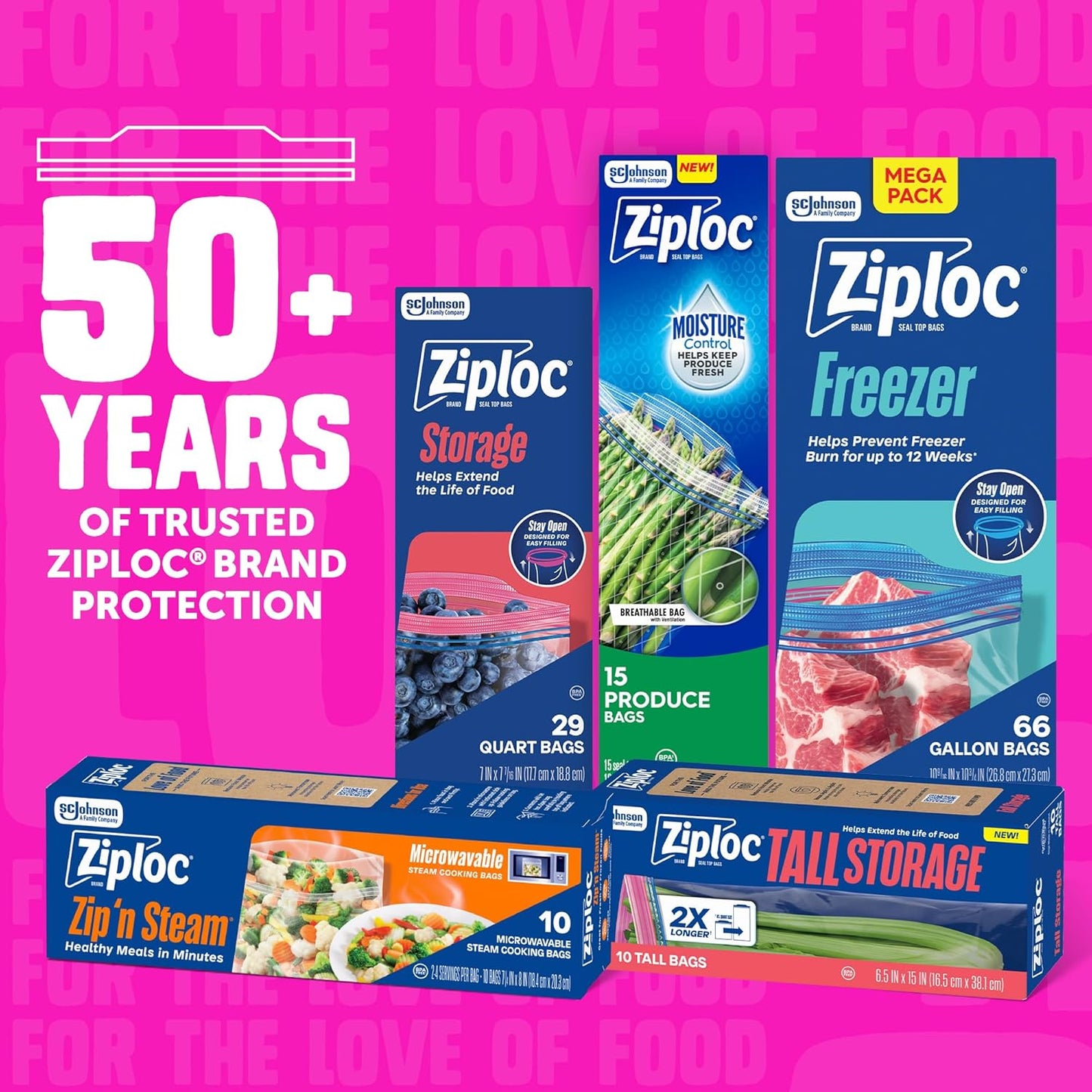Ziploc Tall Food Storage Bags – Family-Safe Reusable Resealable Bags for Long Vegetables, Asparagus and Bread