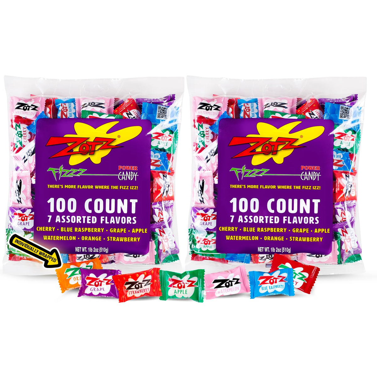 Zotz Fizzy Bulk Candy (Assorted, 200 Units)- Hard Candy Individually Wrapped- Assorted 7 Fruit Flavors, Cherry, Watermelon, Blue Raspberry, Apple, Orange &amp;amp; Grape- From Italy Since 1970