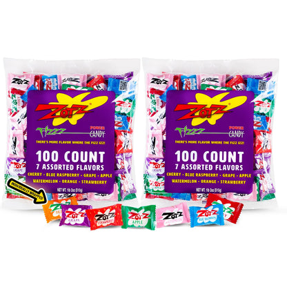 Zotz Fizzy Bulk Candy (Assorted, 200 Units)- Hard Candy Individually Wrapped- Assorted 7 Fruit Flavors, Cherry, Watermelon, Blue Raspberry, Apple, Orange &amp;amp; Grape- From Italy Since 1970