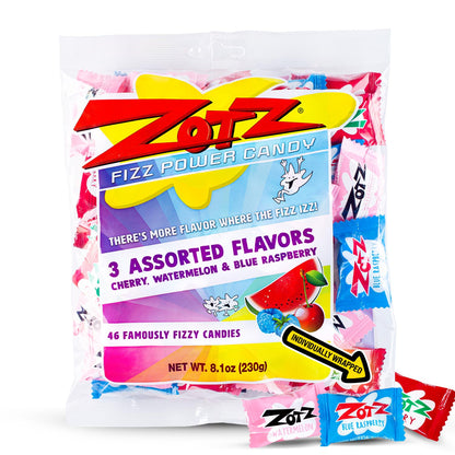 Zotz Fizzy Bulk Candy (Assorted, 46 Units)- Hard Candy Individually Wrapped- Assorted 3 Fruit Flavors, Cherry, Watermelon &amp;amp; Blue Raspberry- From Italy Since 1970
